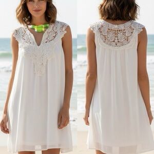 SMYS Embroidered Yoke V- Neck Chiffon Dress With Polyester Lining White Sz 4XL